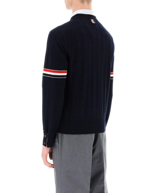 Thom Browne Blue Crew Neck Sweater With Tricolor Intarsia for men