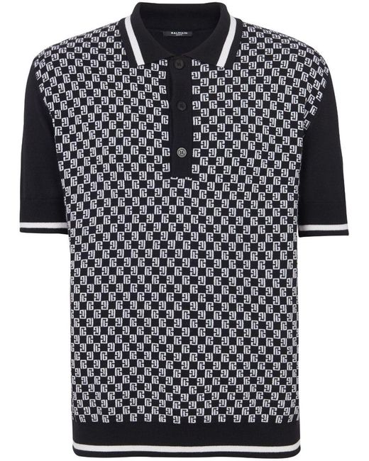 Balmain Black Monogram-pattern Wool Polo Shirt for men