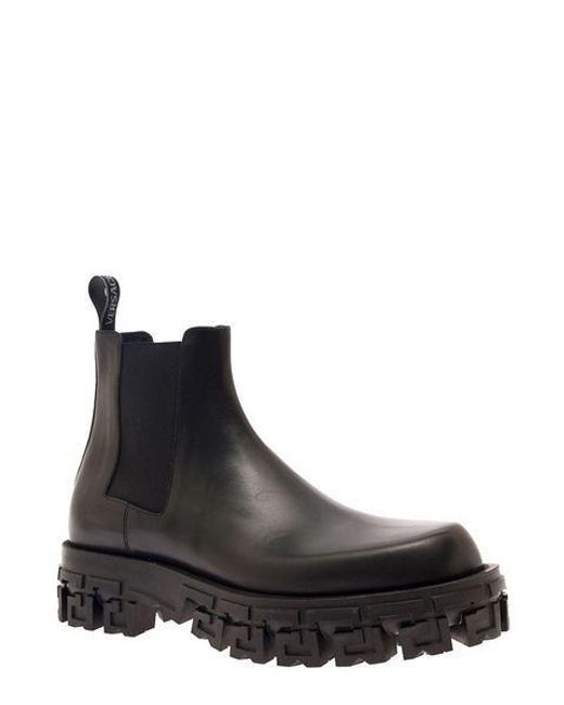 Versace Black Chelsea Boots With Greca Platform In Smooth Leather for men