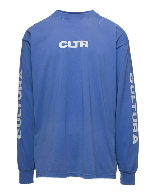 Cultura Blue Crewneck Sweatshirt With Contrasting Cltr Print for men