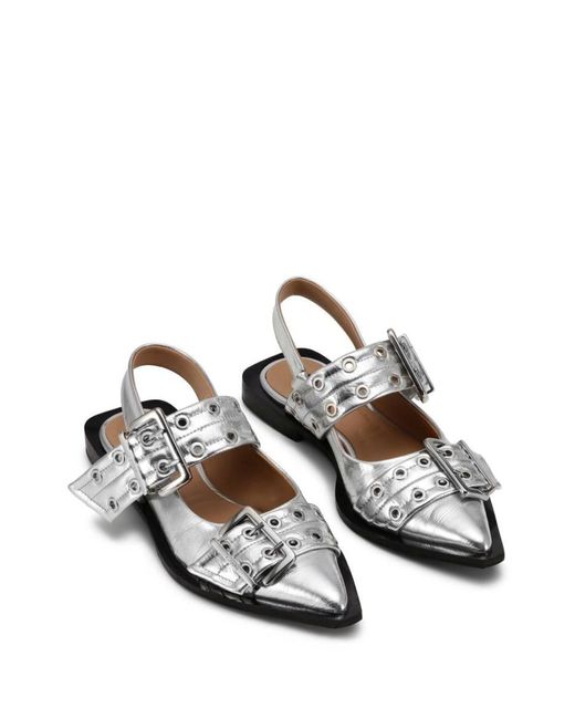 Ganni White Double-buckled Metallic-effect Ballerina Shoes