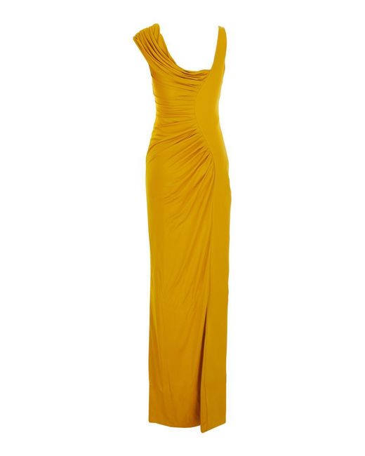 Versace Yellow Sleeveless Long Dress With Medusa Plaque On The Front Draping
