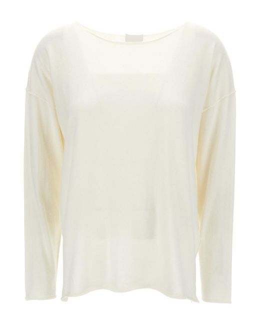 Allude White Ivory Long-sleeve Top With Boat Neckline In Cotton And Cashmere Woman