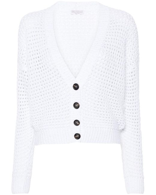 Brunello Cucinelli White Open-Knit Cardigan With Sequins