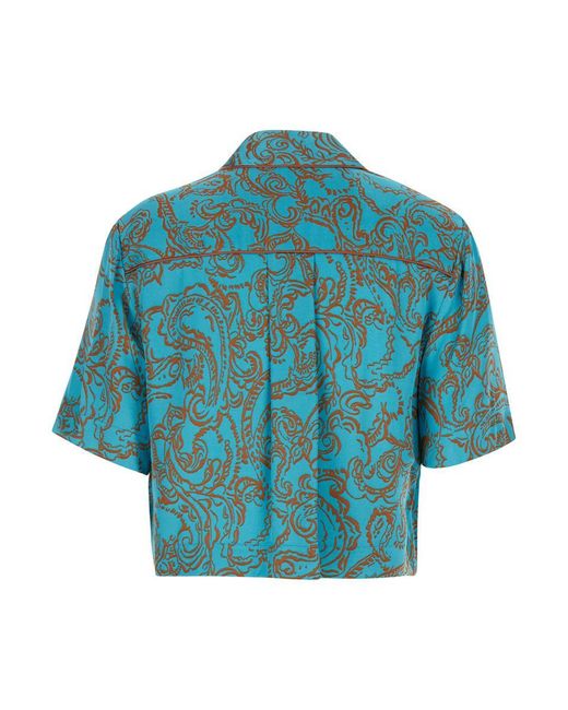 Liu Jo Light Blue Crop Shirt With Brown Pattern In Viscose Woman