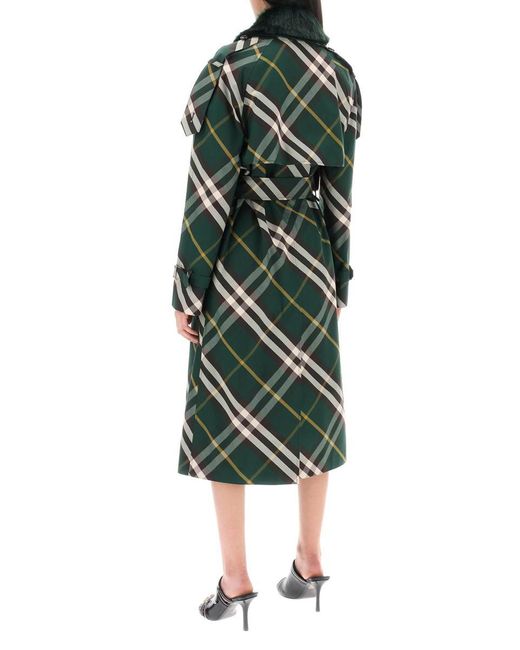 Burberry Green Kensington Trench Coat With Check Pattern