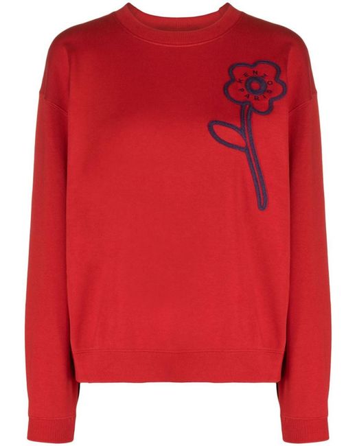 KENZO Red Cotton Sweatshirt With Boke Flower Embroidery