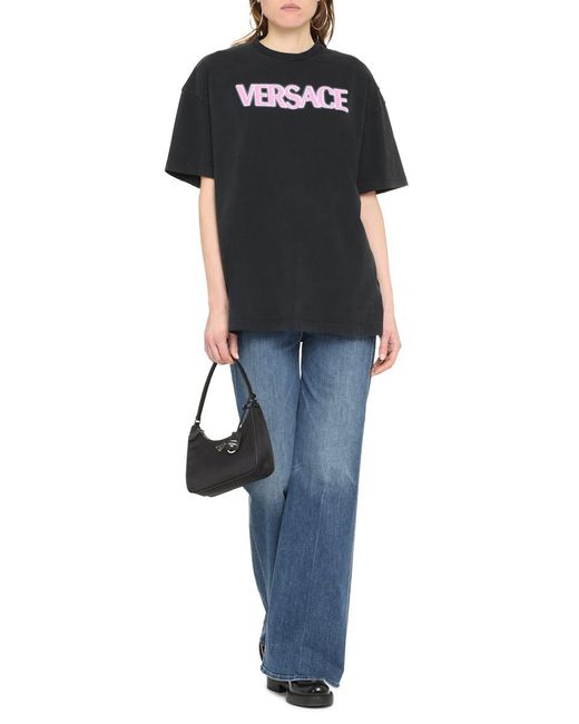 Versace Black Distressed T-shirt With Neon Logo
