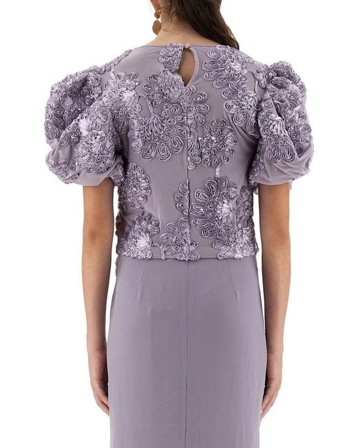 ROTATE BIRGER CHRISTENSEN Purple 3D Floral Mesh Top With Voluminous Puff Sleeves
