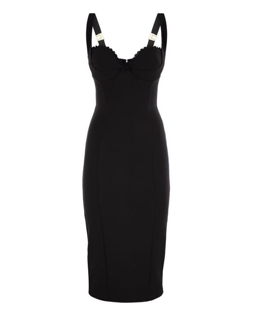 Elisabetta Franchi Black Double Stretch Crepe Dress With Embroidered Scalloping