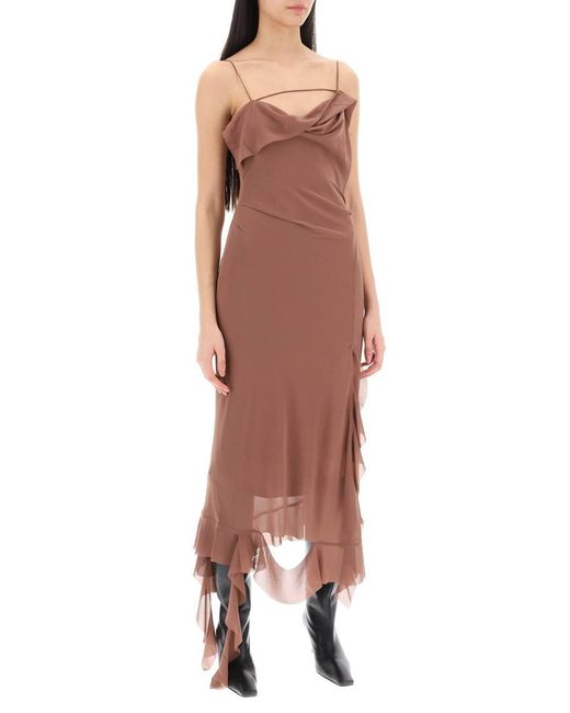 Acne Brown Ruffled Slip Dress With Fr
