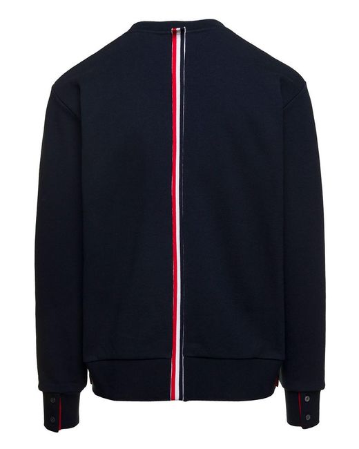 Thom Browne Blue Crewneck Sweater With Logo Patch And Rwb Detail In Cotton Man for men