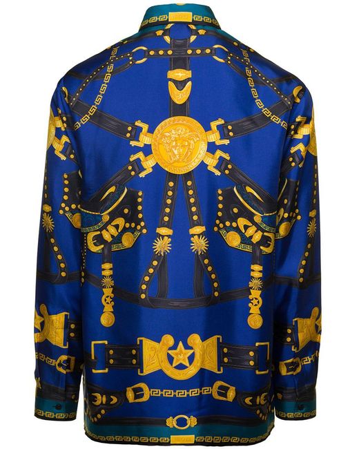 Versace Blue Shirt With 'harness' Detail And 'medusa' Print In Silk Man for men