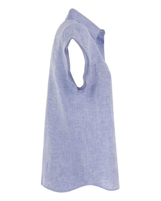 Peserico Blue Linen Sleeveless Shirt