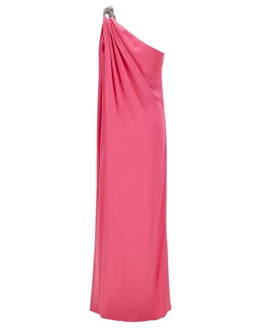 Stella McCartney Pink One-shoulder Maxi Dress With Crystal Chain In Double Satin Woman