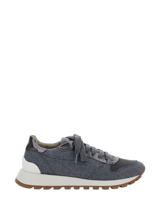 Brunello Cucinelli Gray Grey Low Top Sneakers With Monil Detail On The Side And Embossed Logo Lettering On The Rear In Fabric Woman