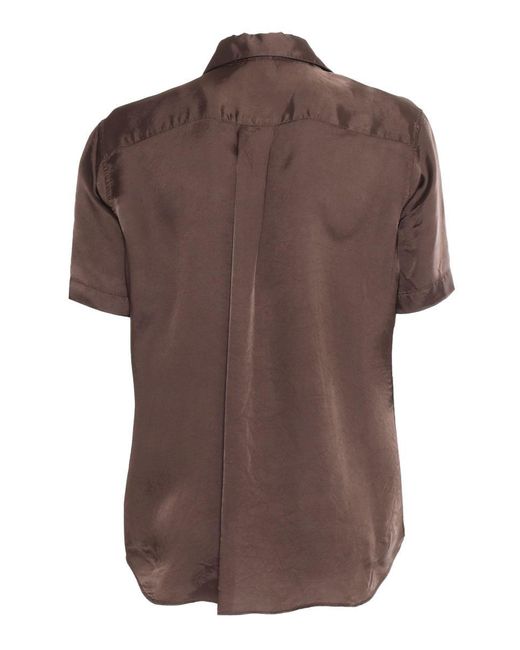 Aspesi Brown Short-Sleeved Blouse With Delicate Ruffle Detail And Lustrous Finish