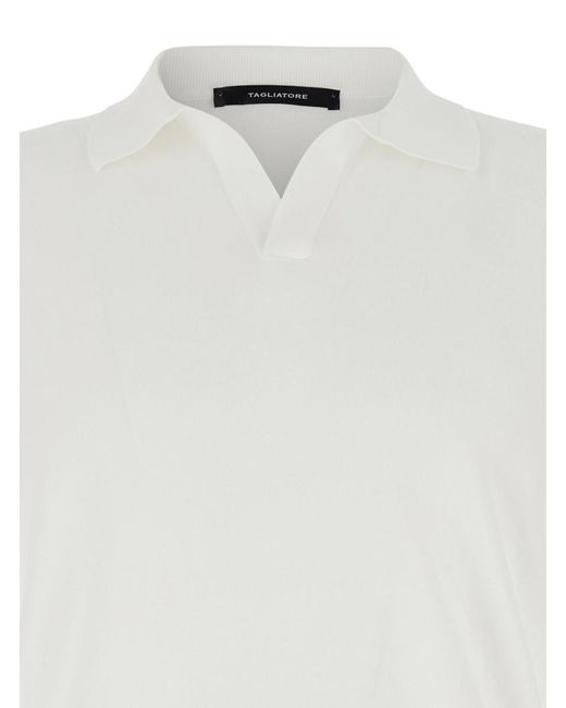 Tagliatore White Knitted Polo Shirt With Polo Style Collar And Short Sleeves for men