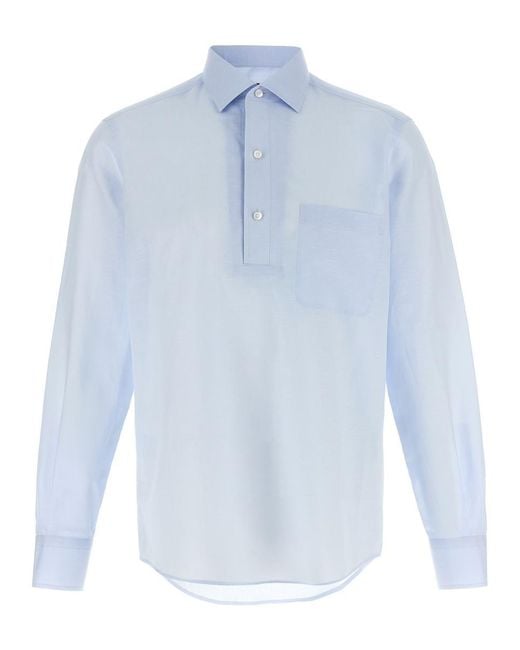 Zegna Blue Linen Blend Shirt With Three-Button Front for men