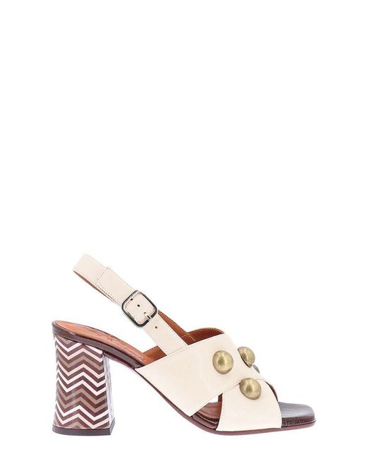 Chie Mihara Pink Squared Toe Wide Heel Leather Ankle Strap Printed Sandals
