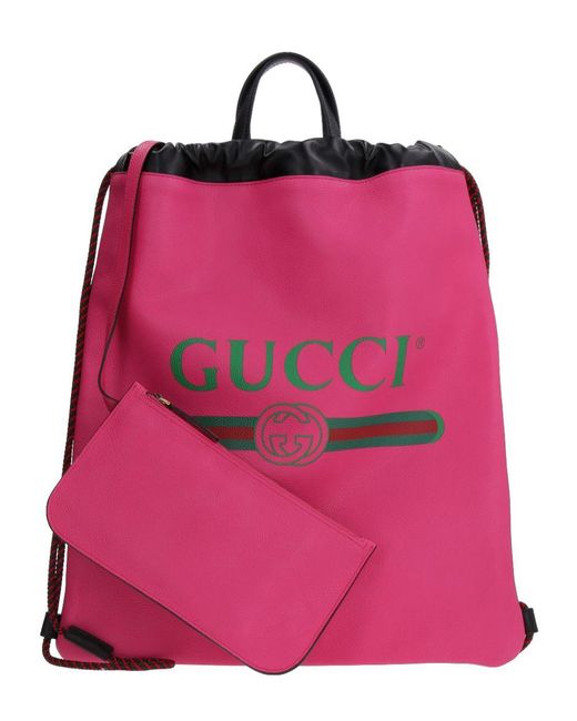 Gucci Pink Leather Logo Print Drawstring Backpack for men
