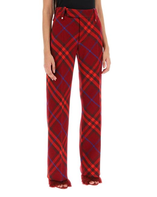 Burberry Red Checked Straight-leg Mid-rise Wool Trousers