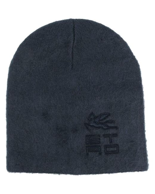 Etro Blue Logo-embroidered Brushed Knitted Hat for men
