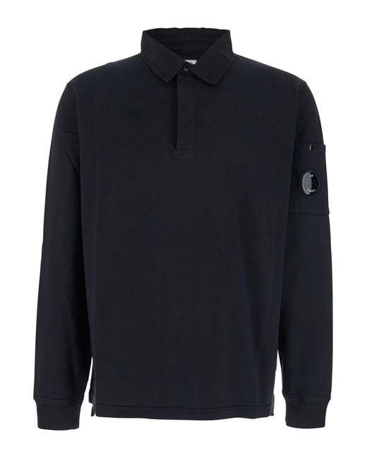 C P Company Blue Sweatshirt With Polo Shirt Style Collar And Logo Plaque On The Sleeve for men