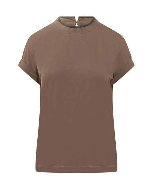 Brunello Cucinelli Brown T-Shirt With Shiny Detail On The Neck