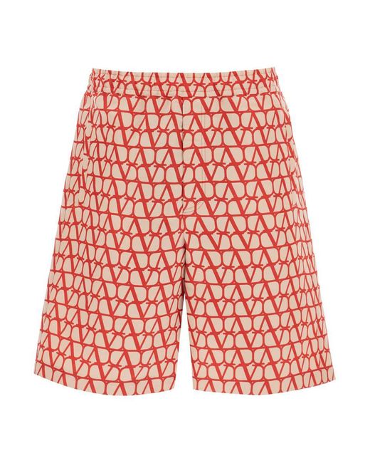 Valentino Red Shorts In Silk Faille With Toile Iconographe Motif for men