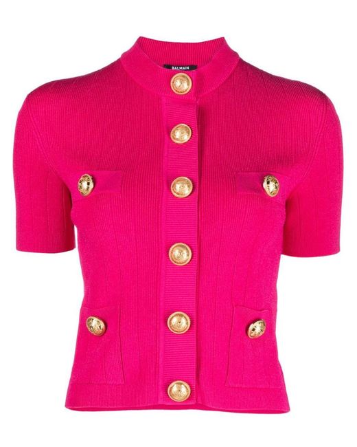 Balmain Pink Embossed Buttons Knitted Cardigan