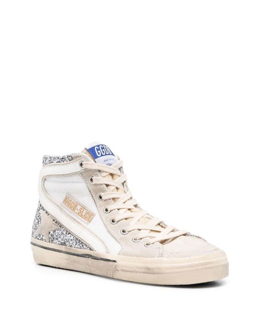Golden Goose Deluxe Brand White Women's Slide Glitter, Mesh And Suede High-top Trainers