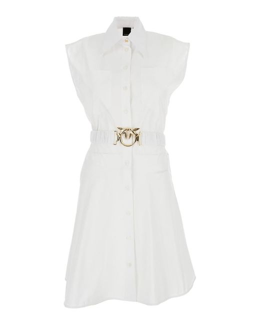 Pinko White Popeline Mini-Dress With Love-Bird Belt