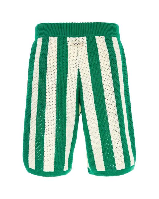 Gucci Green Cotton Crochet Striped Shorts for men