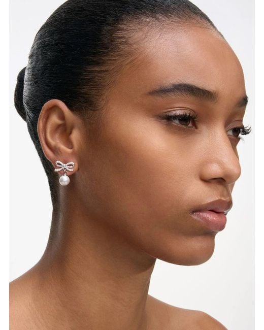Self-Portrait Metallic Colored Earings With Bow Silhouette And Pearl Embellishment