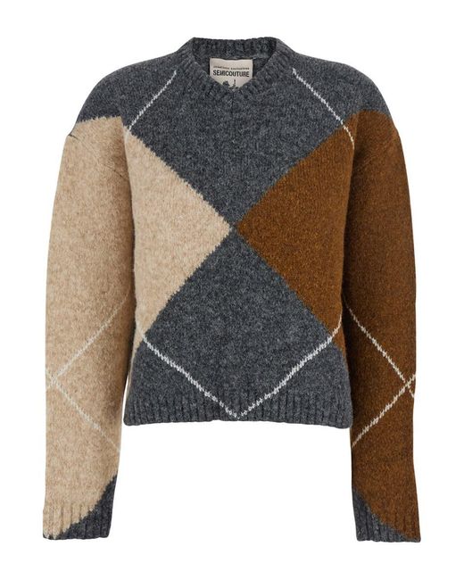 Semicouture Brown Sweater With Round Neck And All-Over Argyle Motif