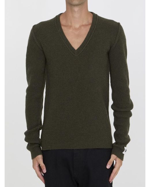 Dolce & Gabbana Green Deep V-Neck Ribbed Wool Jumper for men