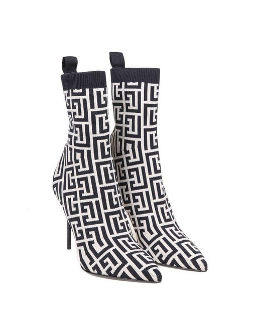 Balmain White Ankle Boot In Monogram Stretch Fabric