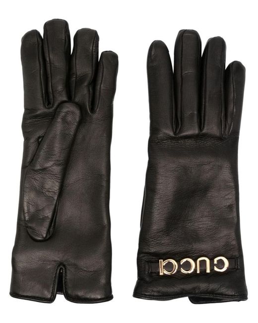 Gucci Black Logo-lettering Leather Gloves