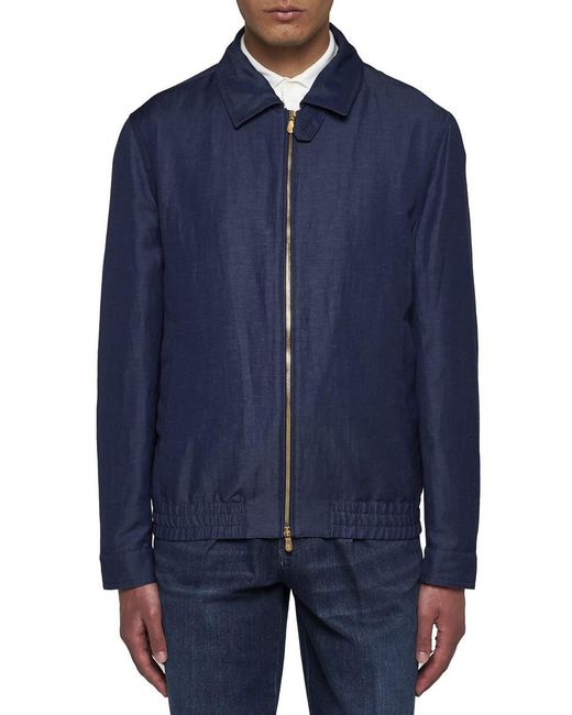 Brunello Cucinelli Blue Wool And Linen Jacket for men