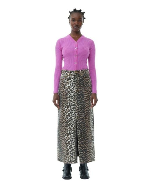Ganni Brown Long Denim Skirt With Leopard Print