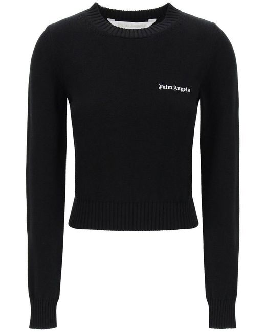 Palm Angels Black Cropped Pullover With Embroidered Logo
