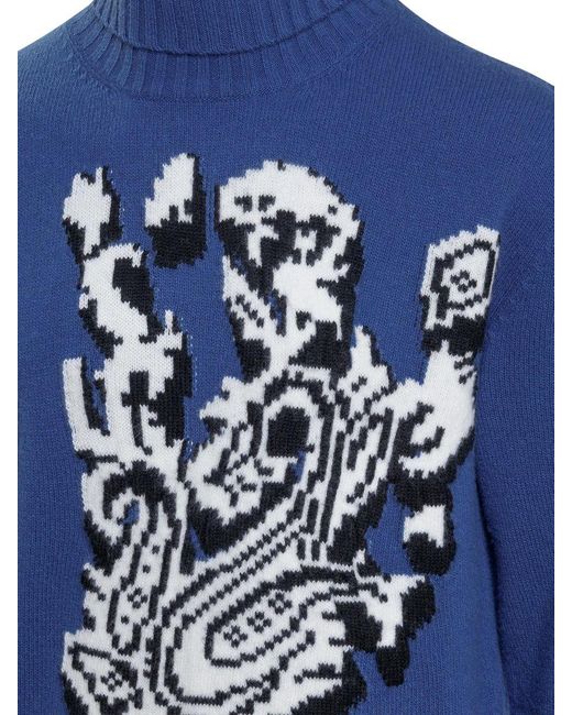 Etro Blue Inlaid Jacquard Turtleneck Sweater for men