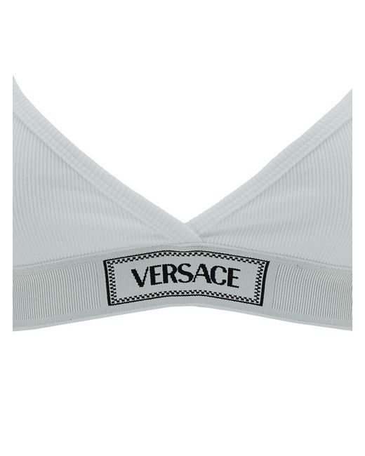 Versace Gray White Sports Bra With Logo Embroidery In Stretch Cotton Woman