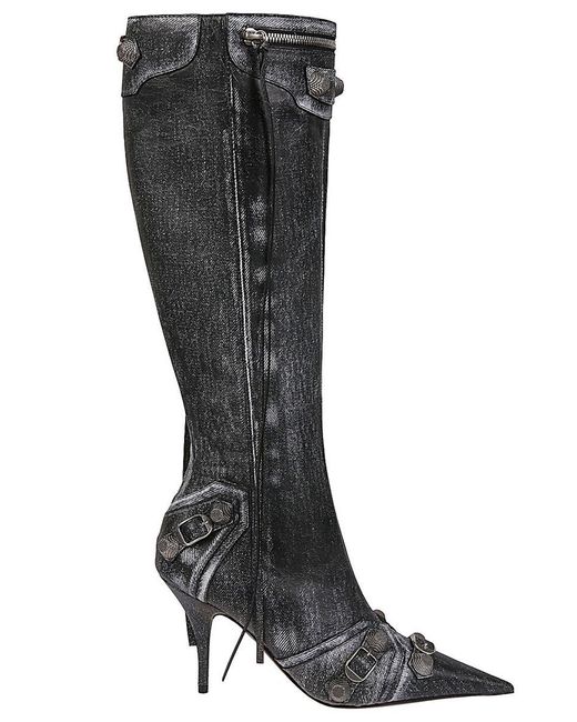 Balenciaga Black Le Cagole Denim Print Leather Boots