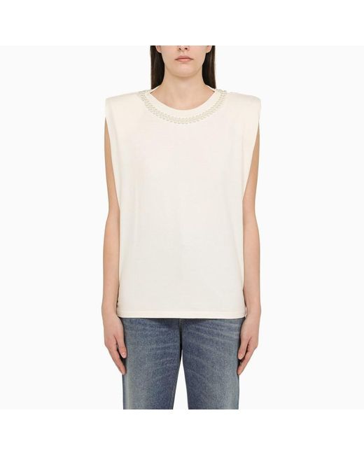 Golden Goose Deluxe Brand White Cotton Tank Top With Pearl Detail