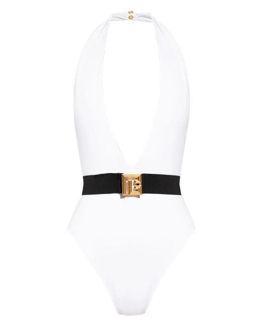 Balmain White Belted Swimsuit