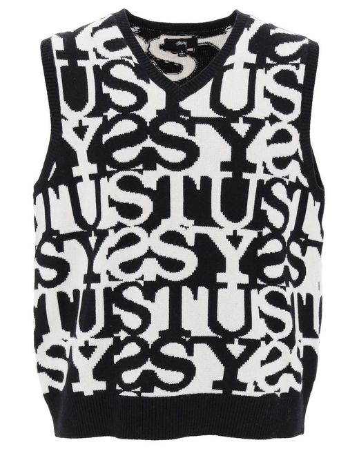 Stussy Black Knitted Vest With Stacked Motif for men