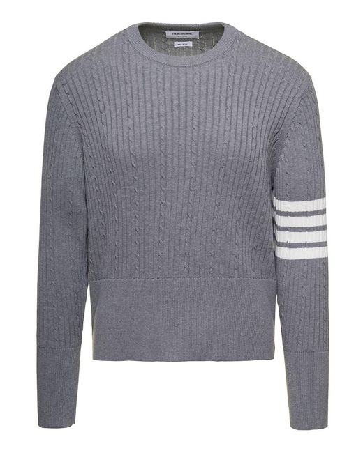 Thom Browne Gray Cable-Knit Jumper With Signature 4 Bar Detailing for men