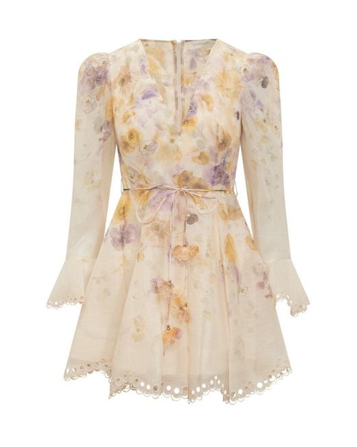 Zimmermann Natural Short Silk Dress With Print